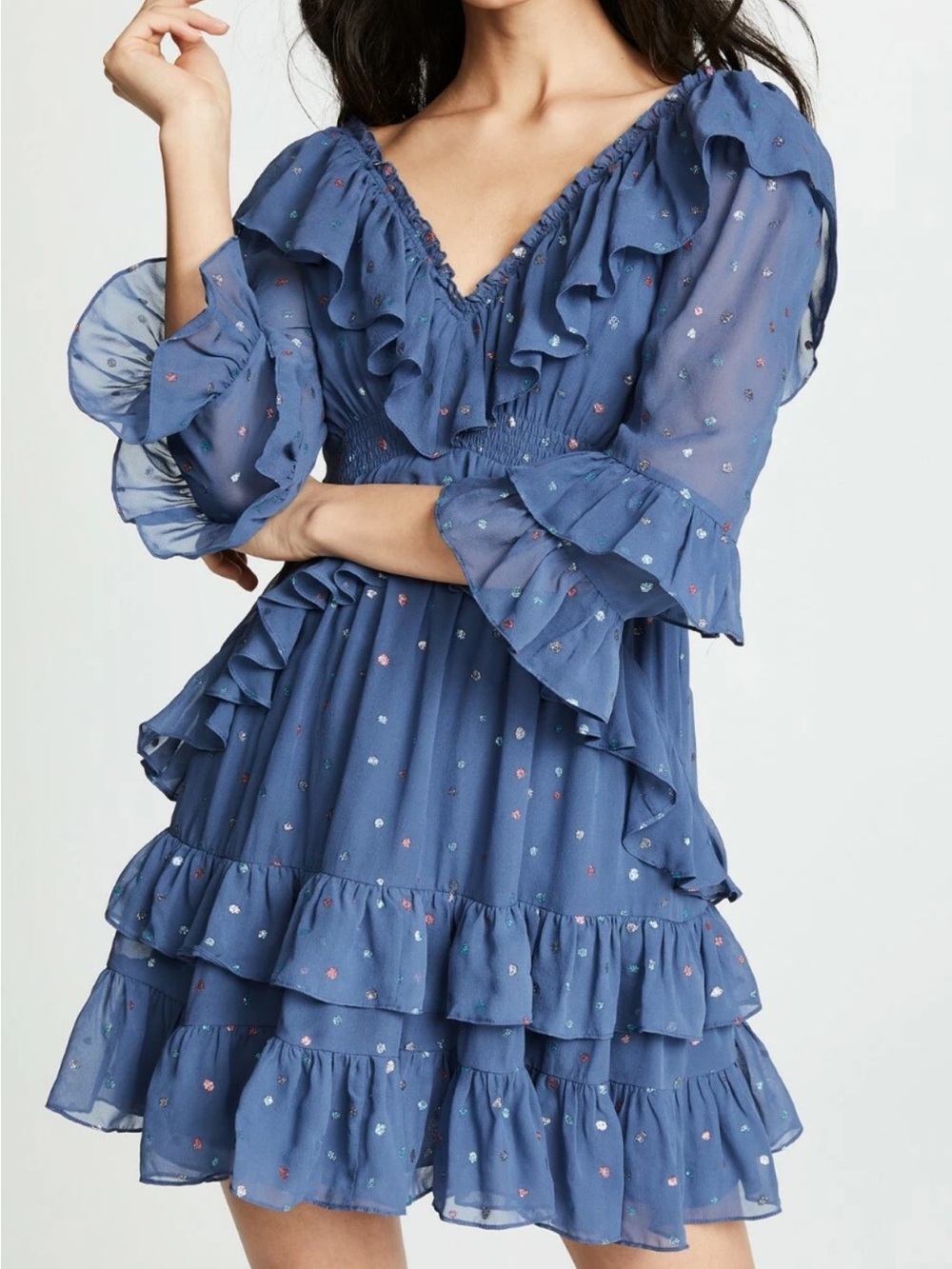 Rebecca Taylor 100% Silk Ruffle Mini Dress Glitter Gem Blue Dot $595 Size 2